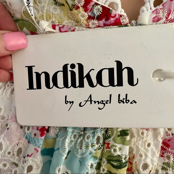 Indikah by Angel Biba Floral Eyelet Apron Mini Dress Size Small - Picture 6 of 11